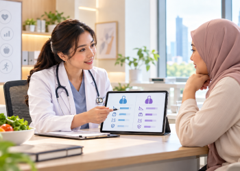 Doktor sedang menerangkan pilihan rawatan penurunan berat badan kepada wanita Melayu bertudung dalam sesi konsultasi klinik